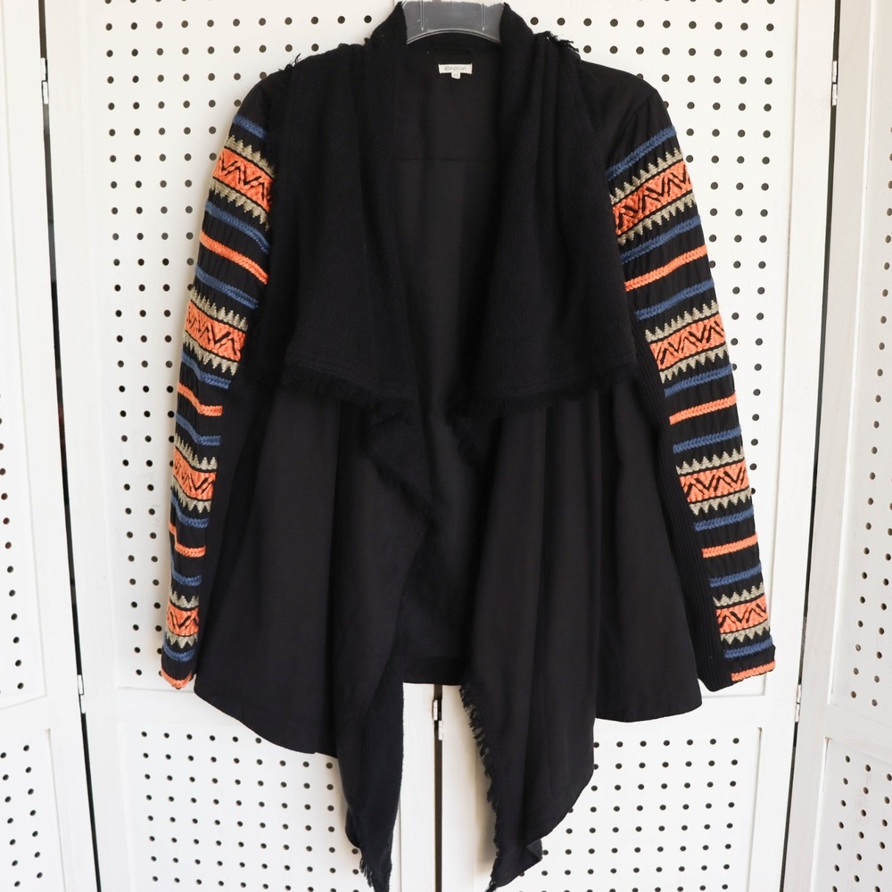 Rip Curl Black Open Front Cardigan Jacket Embroidered Sleeves Womens SIZE M